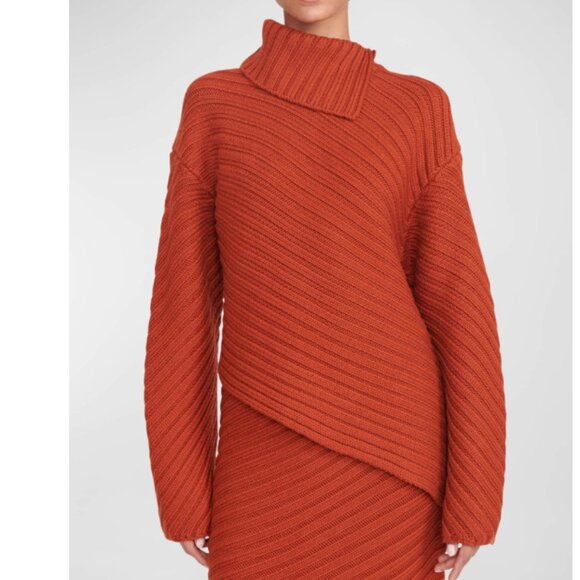 STAUD Engrave Asymmetric Ribbed Wool Sweater Rust Orange Size M - Picture 1 of 8